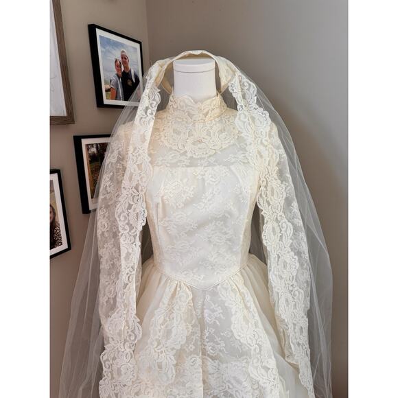 Vintage 60's 70's Victorian Lace Prairie Cottage Wedding Gown Dress High Neck - Picture 5 of 16